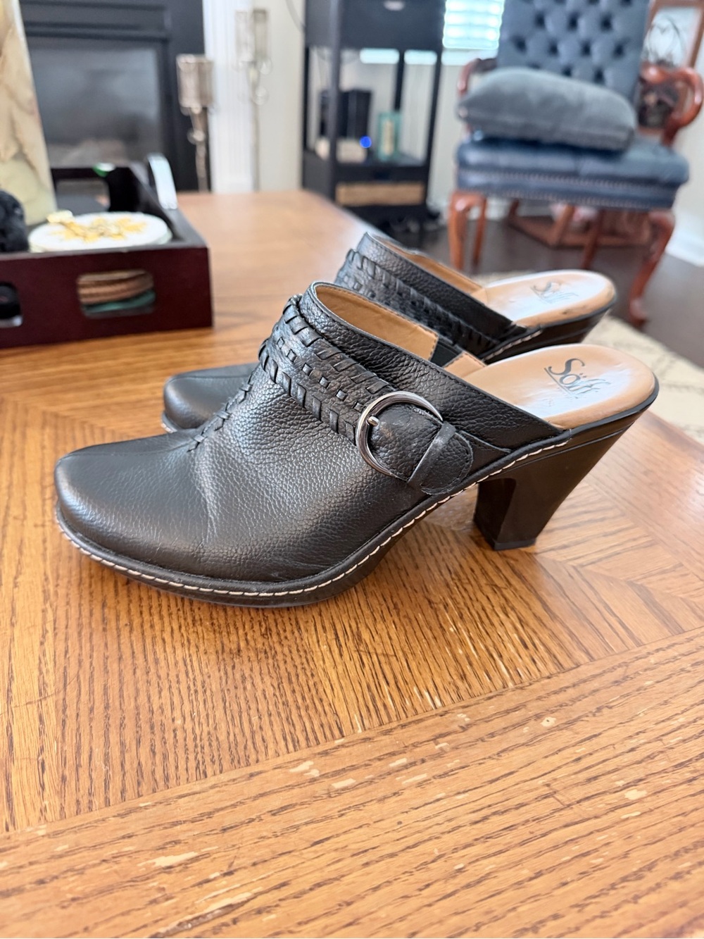 Sofft Black Leather Slip-On Heeled Mules with Buckle Detail